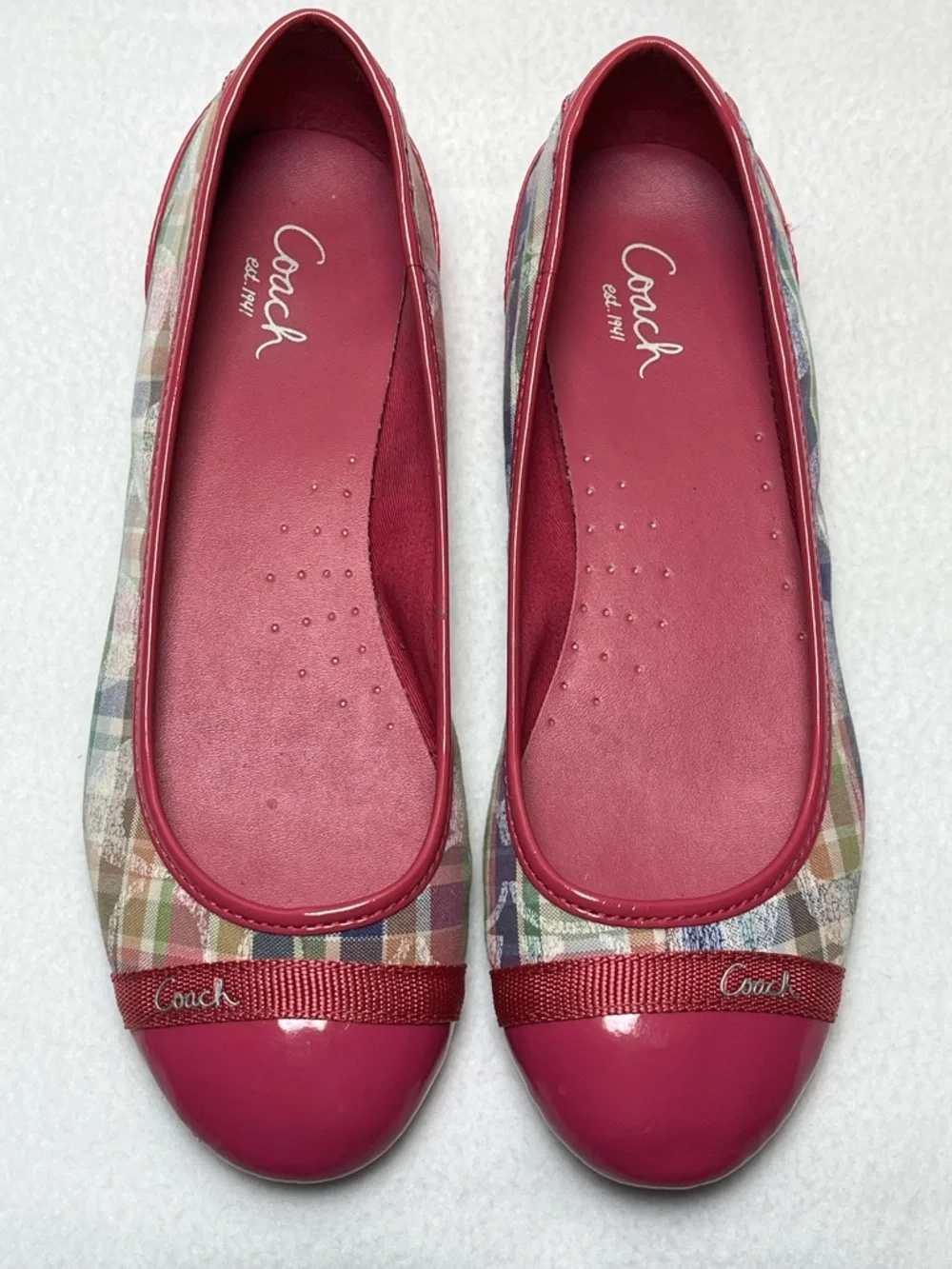 Coach Pink Plaid Cap-Toe Ballet Flats with Logo Ribbon - Picture 5 of 13